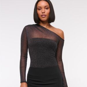 Long-Sleeve Asymmetrical Draped Mesh Bodysuit